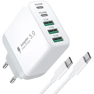 USB C Ladegerät, 55W 5-Port USBC Netzteil Mehrfachstecker Schnellladegerät 3 USB A & 2 USB C PD 3.0 Steckodose Ladeadapter USB Typ C Schnellladewürfel mit 2 M USB Schnellladekabel für iPhone Samsung