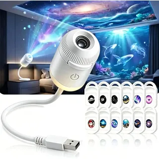 HshDUti HD Smart Dynamic 5D Hologramm-Nachtlichtprojektor, Plug and Play 2-in-1 Galaxie-Stern- und Ozeanprojektor mit 12 Filmen, 360 Grad drehbarer USB-betriebener Deckenleuchte für Schlafzimmerdekor