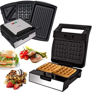 Syntrox Germany 3 in 1 Edelstahl Maker MM-1400W Multimaker Sandwichmaker + Waffeleisen + Kontaktgrill mit 3 Wechselplatten