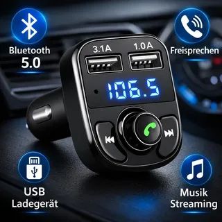 FM Transmitter Bluetooth 5.0 Auto – KFZ Radio Adapter mit Freisprecheinrichtung, USB Ladegerät, Musik Streaming, Zigarettenanzünder - Schwarz