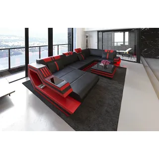 Sofa Dreams Wohnlandschaft Leder Sofa Ledercouch Ravenna U Form Ledersofa, Couch, mit LED, wahlweise mit Bettfunktion als Schlaffunktion rot|schwarz