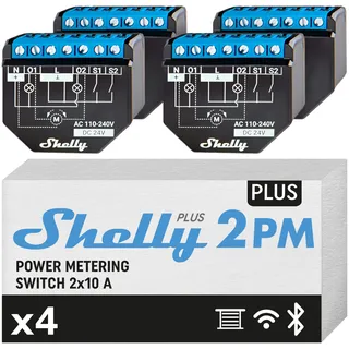 Shelly Plus 2PM | Wlan 2 Kanäle Smart Relais Schalter | Rolladenschalter mit Stromverbrauchsmessung | Hausautomation | Google Home Alexa Zubehör | iOS Android App (4 Pack)