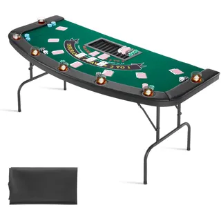 Vevor klappbarer Pokertisch für 7 Spieler (183 cm) Kasino-Freizeittisch mit gepolsterten Schienen & Getränkehaltern, Halbovale tragbare Spieltische mit Filz- und Metallbeinen, Texas Hold’em Poker