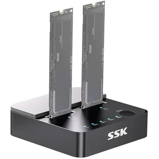SSK M.2 NVMe SATA SSD Klonen Docking Station, Dual Bay Festplatten Dockingstation, USB 3.2 Gen 2 10Gbps M.2 SSD Gehäuse, USB Adapter für M-Key-/B+M-Key PCIe SSD Reader mit Offline-Klonfunktion