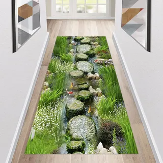 Teppich Läufer Flur rutschfest Küchenläufer Waschbar 3D Druckmuster 80X300CM Grün Korridor Teppichläufer Lang Küchenteppich Für Küche Wohnzimmer Schlafzimmer Teppichläufer Meterware Anpassbar