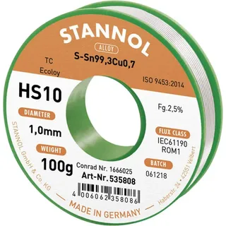 Stannol HS10 2,5% 1,0MM SN99,3CU0,7 CD 100G Lötzinn, bleifrei bleifrei, Spule Sn99,3Cu0,7 100g 1mm