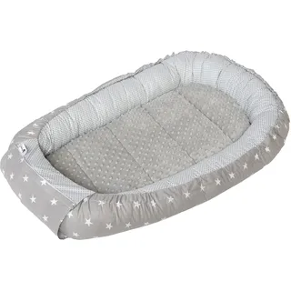 Medi Partners Babynest Kuschelnest Babynestchen 100% Baumwolle Nestchen Reisebett für Babys Säuglinge 100x60x15cm herausnehmbarer Einsatz (graue Sternen mit graue Minky)