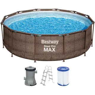 BESTWAY Steel Pro Max Frame Pool Set 366 x 100 cm rattanoptik inkl. Filterpumpe + Poolleiter