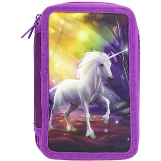 IDENA 20126 - Federmappe Triple mit 3 Reißverschluss-Fächern, Design Einhorn, gefülltes Federmäppchen mit 47 Teilen