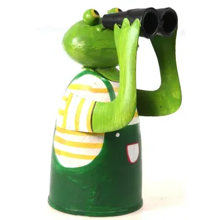 Schick-Design Zaunhocker Frosch mit Fernglas und gelbem Shirt aus Blech 21 cm Figur Metall Deko Garten Balkon Dekofigur Pfostenhocker
