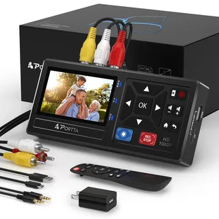 Portta VHS to Digital Converter, Video VHS Digitalisieren Recorder mit Remote, Videokassetten Digitalisieren Compatible with VHS, VCR, DVR, DVD, Hi8, Mini DV, Camcorder, Cassette Tape, Gaming Consoles