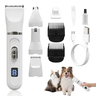 Multifunktional 4 in 1 Hundeschermaschine, Leise Pfotentrimmer für Hunde Katze mit LED-Anzeige, Hundepfoten Trimmer, Schermaschine Hund Set für Hunde Katzen Pfoten, Gesicht, Körper (Weiß)