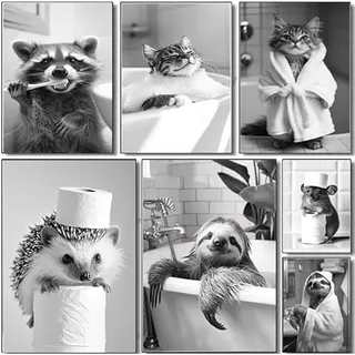 Bilder Badezimmer Tiere Schwarz Weiß Poster Lustige Tiere Bild Toilette Tier Witzige Bilder für Gäste WC Wandbild Deko Kunstdruck Bad Leinwand Modern