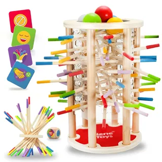 Nene Toys BALLFALL Groß – Montessori Spielzeug ab 3 4 5 6 Jahren – Geschicklichkeitsspiel & Lernspiel aus Holz mit bunten Stäbchen, Würfel & Karten – Kinderspiel, Geschenk Jungen Mädchen ab 3 Jahren