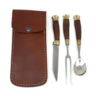 Vehi Mercatus Besteck-Set Besteckset Fuhrmann 4-teilig Edelstahl Holzgriff, 1 Personen, Leder, Edelstahl, Holz silberfarben