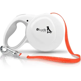 bluzelle 8m Lange Hundeleine für Hunde bis 50kg, Flexible Rollleine Neon-Orange Leuchtender Reflektor-Gurt mit 360° Karabinerhaken Metall, Ergonomischer Griff Grau Gummiert & Einzugs-Bremse, Weiß