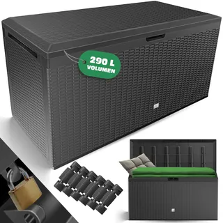 KESSER® Auflagenbox Kissenbox 290L, Klicksystem, mit Rollen & Haltegriffen, Deckel mit Hubautomatik, abschließbar, bis zu 290kg, Gartenbox Wasserdicht, Vielseitige Kissenbox, Rattanoptik-Anthrazit