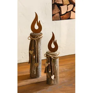 Dekoleidenschaft 2X Dekosäule Flammendes Herz aus Holz, rustikal, Holzsäule mit Metall Flamme in Rost Optik, Kerze, Kerzensäue, Deko Windlicht