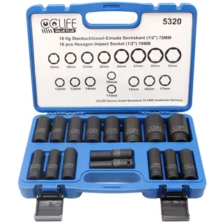 CCLIFE 16tlg 1/2" Schlagschrauber Nüsse Set, 10-32mm Cr-Mo tiefe Sechskant Kraft Nuss Steckschlüssel Schlagnuss