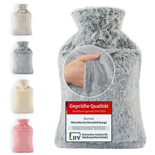 Blumtal Premium Wärmflasche mit Bezug & Tasche flauschig - Wärmeflasche aus verwendungssicherem Naturkautschuk mit Flauschbezug - auslaufsichere Bettflasche mit Innenfutter - Hot Water Bottle Grau