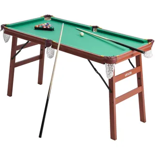 Vevor klappbarer Billardtisch 140 cm tragbare Billardtische, faltbares, platzsparendes Unterhaltungsspielset, inklusive Ball/Queue/Rack/Kreide/Bürste, Braun mit grünem Tuch, für Freizeiträume