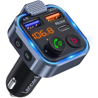 LENCENT FM Transmitter Bluetooth V5.3 Auto Radio Deep Bass Musik Adapter Freisprecheinrichtung Auto Ladegerät mit Dual USB Anschlüsse PD Typ-C QC 3.0 USB Schnellladung mit Blauem Umgebungslicht