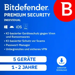 BitDefender Premium Security Individual 2026 ESD 5 Geräte 2 Jahre DE Win
