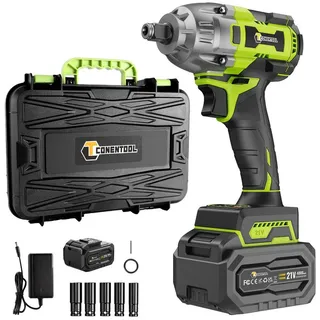 CONENTOOL Akku-Schlagschrauber 21V Bürstenlos, 3300 U/min, 520 Nm, (Set, 7-tlg., 4,0Ah Akku), 1/2" & 1/4", für Auto Reifenwechsel & Heimwerken grün|schwarz