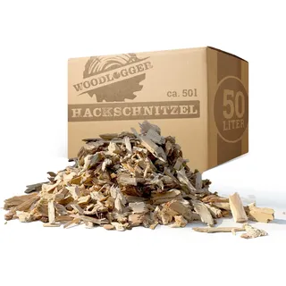 Woodlogger Hackschnitzel aus Kiefer 50 L | Holzhackschnitzel als Rindenmulch-Ersatz für den Garten | Verwendbar als Einstreu, Brennmaterial, Anzünder, Deko, Mulch & Fallschutz für den Spielplatz