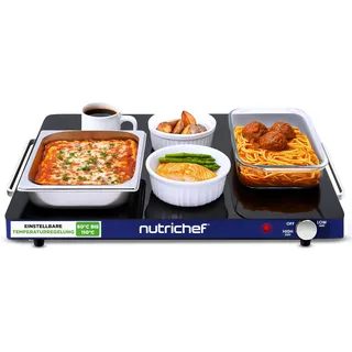 NutriChef Kochplatte elektrisch – Warmhalteplatte 54×42 cm mit Temperaturregelung 60–110 °C, 180 W Warmhaltebehälter für Buffet, Grillgut & Party - Sicher, Energiesparend & Flach - Blau