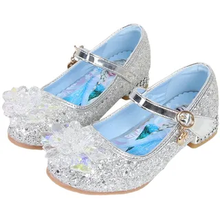 KANDEMY Mädchen Kristall Elsa Schuhe mit Absatz Glitzer Prinzessin Schuhe mit Pailletten Kinder Sandalen Eiskönigin für Halloween Fest Fasching Geburtstag Party Silber 28 - 28 EU