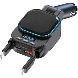 LEIDIMUS Bluetooth 5.3 FM-Transmitter Für Auto, 96W PD Typ-C + QC3.0 Schnellladegerät Mit 2 Einziehbaren Kabeln, Bluetooth-Autoadapter, Unterstützt Freisprechanrufe Und MP3-Musikplayer