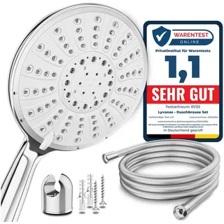 Lyvanas Duschkopf mit Schlauch und Halterung - TESTSIEGER Duschbrause Set | Brausekopf für Dusche & Badewanne in extra gross (Ø15cm) - Wellness Regendusche mit 5 Strahlarten (Premium Set 2026)