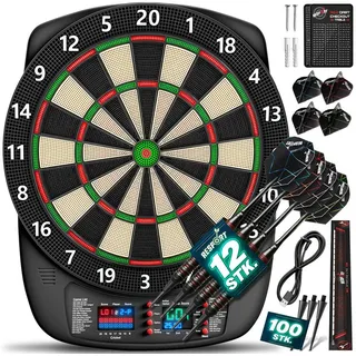 RE:SPORT Dartscheibe RE:SPORT® Elektronische Dartscheibe mit 12x darts, 24x flights, 1x, (100 Pfeilspitzen & Zubehör E Dartautomat für 1–8 Spieler, mit 427 Varianten Elektrisches Dartboard LED Anzeige), Elektronisch Profi Set mit 12 Pfeilen + 24 Pro Flights