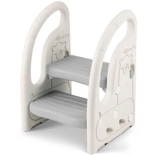 Onasti Tritthocker für Kinder, Dreistufiger Höhenverstellbar Tritt-Schemel Kinderschemel für Baby, Bequemer Handslauf, Multifunktion, Anti-Rutsch, Ab ca. 1.5 bis ca. 6 Jahre -, (Grau-2Stufen)