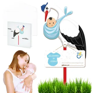 Klapperstorch SET zur Geburt Baby, Baby Geburt Blau Klapperstorch Set Geburtsstorch inkl. Holzstab+ Namensschild+ Grußkarte, Wetterfest Storch zur Geburt Klapperstorch Geburtsgeschenk