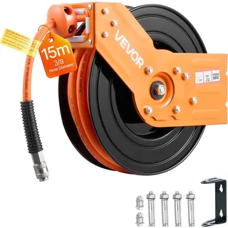 Vevor Druckluft Schlauchtrommel, 15 m x 3/8 Zoll Hybrid-Druckluftschlauch, Schlauchaufroller 20 bar, Automatische Schlauchaufwicklung mit 1,52 m Zuleitung, 180° schwenkbare Decken-/Wandhalterung