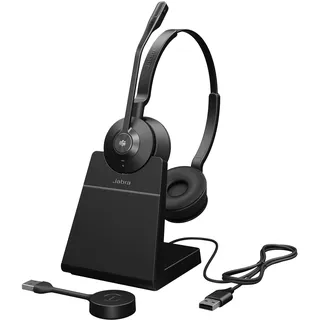 Jabra Engage 55 Schnurloses Stereo-Headset mit Link 400 USB-A DECT-Adapter - Mikrofon mit Geräuschunterdrückung, umfangreiche Reichweite und Ladestation - Für MS Teams Zertifiziert - Schwarz