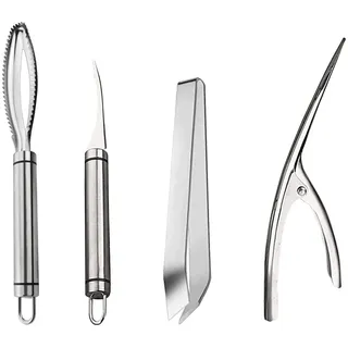LONGHAO 4 pcs,Fischentschupfer,GarnelenschäLer,Fisch Scaler Entferner Set,rutschfeste FischschuppenbüRste,Garnelenschalenmesser, MeeresfrüChte-Werkzeugset Aus Edelstahl, Geeignet FüR Fisch/Garnelen