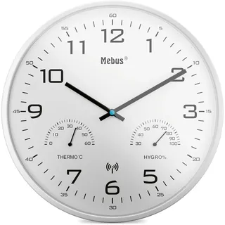 Mebus moderne Funk-Wanduhr mit Temperaturanzeige und Luftfeuchtigkeit, 30 cm, Funk-Uhr, Wohnzimmer, Küchenuhr / Modell: 52841 / Farbe: Weiß