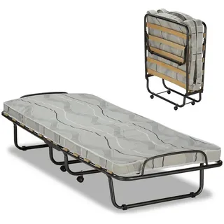 KHG Gästebett klappbares Metallbett stabil auf Rollen für Erwachsene & Kinder (leicht zu tragen und verstauen bis 90kg belastbar, 1-St) Klappbar auf Rollen inkl. Matratze schwarz 80 cm x 190 cm x 40 cm