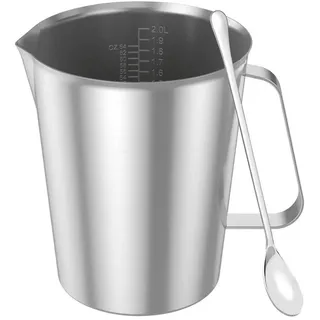 luxuskollektion Messbecher Edelstahl 2000 ml mit Feinskala, Rundumschüttrand und Griff | Kanne Edelstahl mit Rührlöffel, Spülmaschinenfest & BPA-frei, Messkanne
