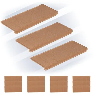 Relaxdays Stufenmatten 15er Set, rechteckige Treppenstufenmatten, BT: 65x24 cm, selbstklebende Treppenteppiche, Beige