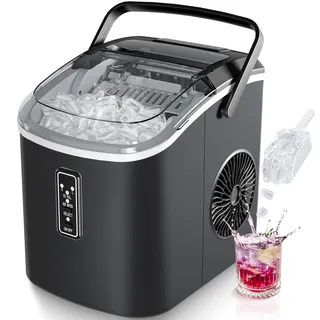 euhomy Eiswürfelmaschine Klein, 9 Würfel in 6 Minuten Bereit, 12 Kg/Day, Selbstreinigend, Tragbare Eismaschine Mit Tragegriff, Korb Und Schaufel, 2 Größen Von Eiswürfeln Für Zuhause, Küche, Schwarz