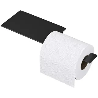 doporro Toilettenpapierhalter ohne Bohren mit Ablage, Klopapierhalter zum Kleben, Klorollenhalter für Bad, WC Rollenhalter selbstklebend aus Edelstahl, modernes Design, Matt Schwarz Lino-01