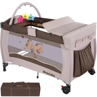 Tectake tectake® Kinder Reisebett, klappbar und höhenverstellbar, 2 Rollen mit Bremsen, inklusive Tragetasche, 132 x 75 x 104 cm