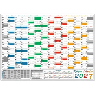 Rainbow Wandkalender/Wandplaner 2027 (gerollt) Classic1 DIN A0 Format (841 x 1189 mm) 14 Monate, komplette Jahresvorschau Folgejahr und Ferientermine/Feiertage aller Bundesländer