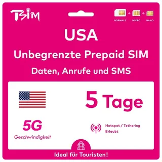 USA SIM-Karte 5 Tage. T-Mobile-Netz mit unbegrenztem Highspeed-Datenvolumen in 5G/4G/LTE | Unbegrenzte Anrufe und SMS innerhalb der USA (einschließlich Hawaii). 5G SIM-Karte!