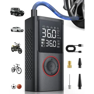 powools Kabelloser Elektrische Luftpumpe, 150PSI Akku Kompressor Fahrradpumpe mit LED-Licht & Auto-Stopp, Wiederaufladbare Reifenpumpe für E-Bike, Auto, Motorrad, Bälle, Schwarz, Standard Capacity