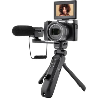 AgfaPhoto AGFA PHOTO – All-in-one-Vlogging-Set: Kamera VLG-4K Optical, Powerbank-Stativ, Fernbedienung, Mikrofon und Micro-SD-Karte (32 GB) – Verewigen Sie Ihre besonderen Momente stilvoll in 4K! - Schwarz